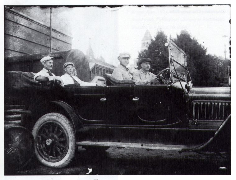 Constructivists (Karl Ioganson, Voldemars Andersons, Karlis Veidemanis, and Gustav Klucis) at the Kremlin, Summer 1918.