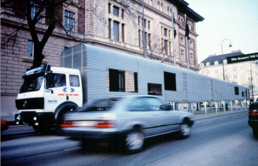 Acconci Studio, Mobile Linear City, 1991, installation including six mobile housing units. 